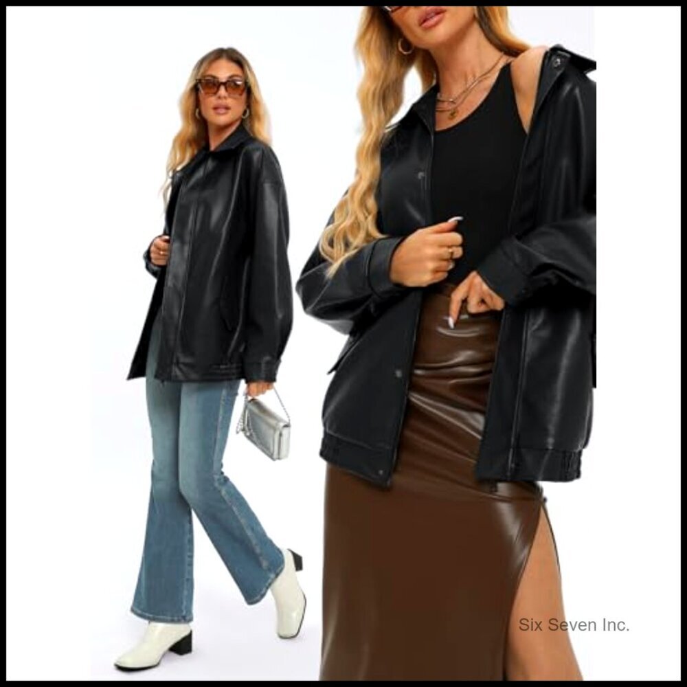 Oversized Faux Leather Biker Jacket Zip Up Motorcycle Style Y2K Trendy - Picture 5 of 5